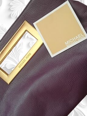 Michael Kors Plum Leather Clutch with Gold-Tone Handle